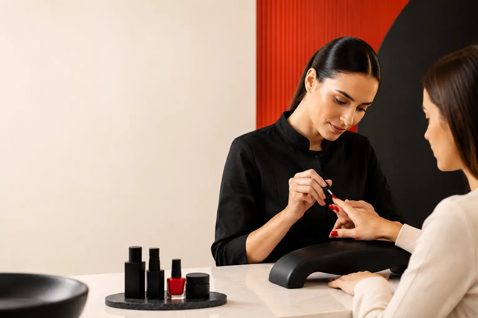 Fashion-forward nail artist applying a crimson manicure in a minimalist beauty studio