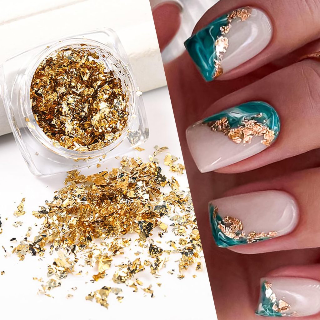 2 Bottles Gold Foil for Nails Golden Glitter Design Gold Foil Fragments and Irregular Gold Flakes for Nails 3D Glitter Nail Sequins Decoration