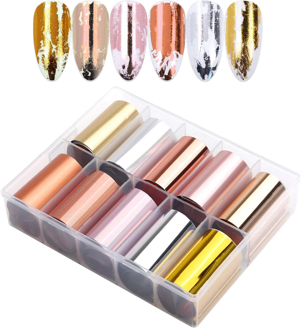 10 Sheets Holographic Nail Art Foil Transfer Stickers – Metallic Color Print Nail Decals 3D Self-Adhesive Stickers DIY Manicure Decoration Kit