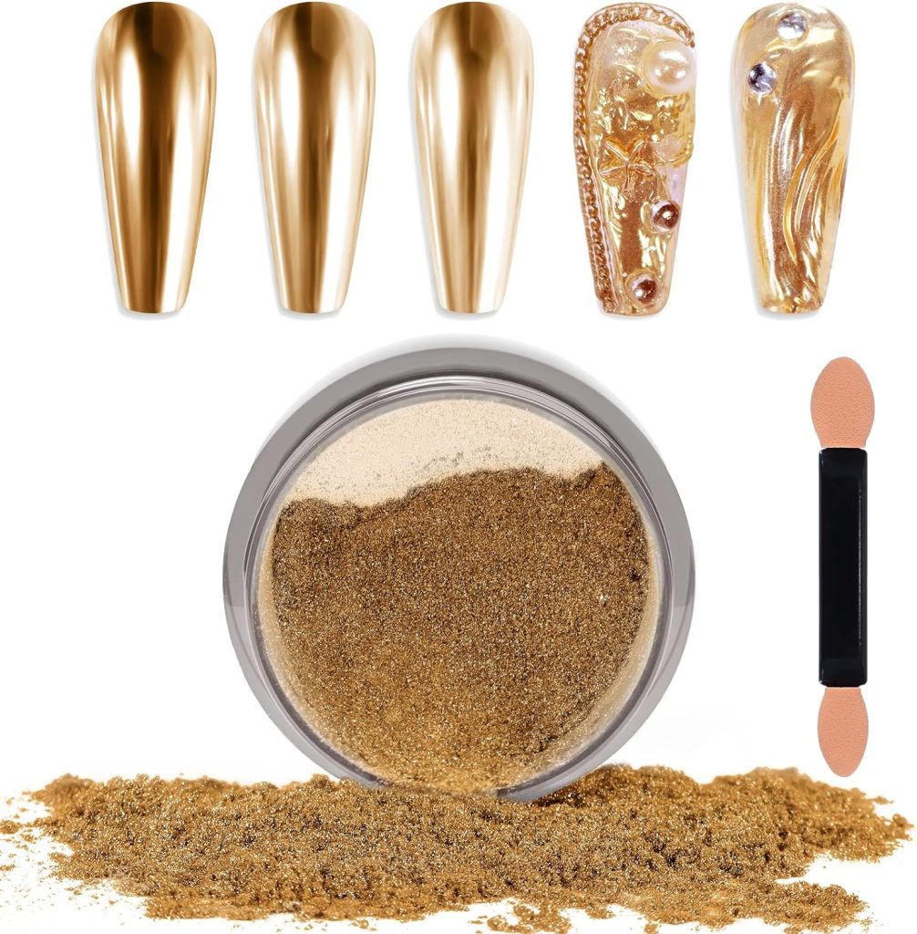 Laza Chrome Nail Powder Mirror Effect Metallic Dust Holographic Glitter Glazed Manicure Decoration Reflective Pigment for DIY Gel Polish Nail Art, Resin Craft, Gifts – Gold