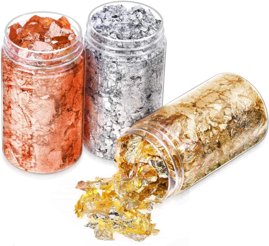 Gold Foil Flakes for Resin, Paxcoo Imitation Gold Foil Flakes Metallic Leaf for Nails, Painting, Crafts, Slime and Resin Jewelry Making (Gold, Silver, Copper Colors)