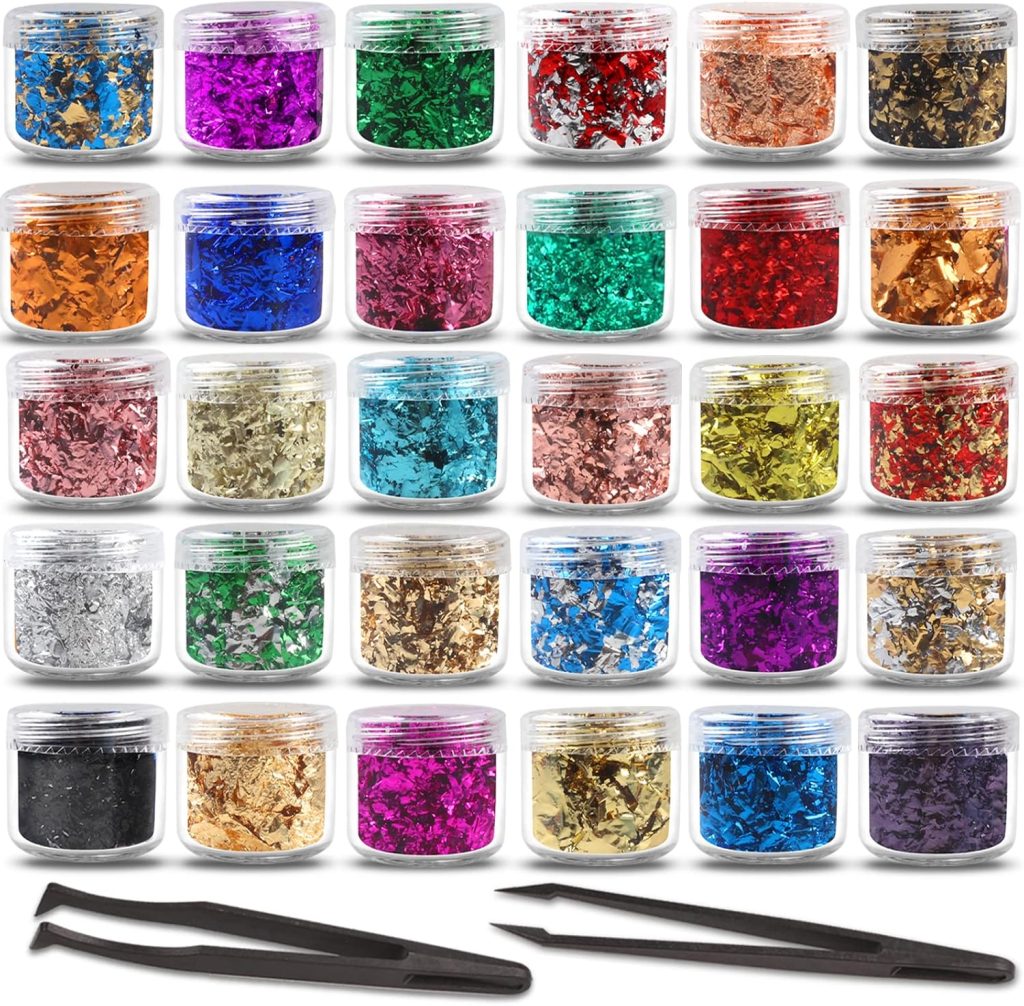 Gold Flakes for Resin, 30 Colors Metallic Foil Flakes, Colored Gilding Flakes Craft Foil with Tweezers for Resin, Nail Art, Jewelry Making, Candle Molds & Painting