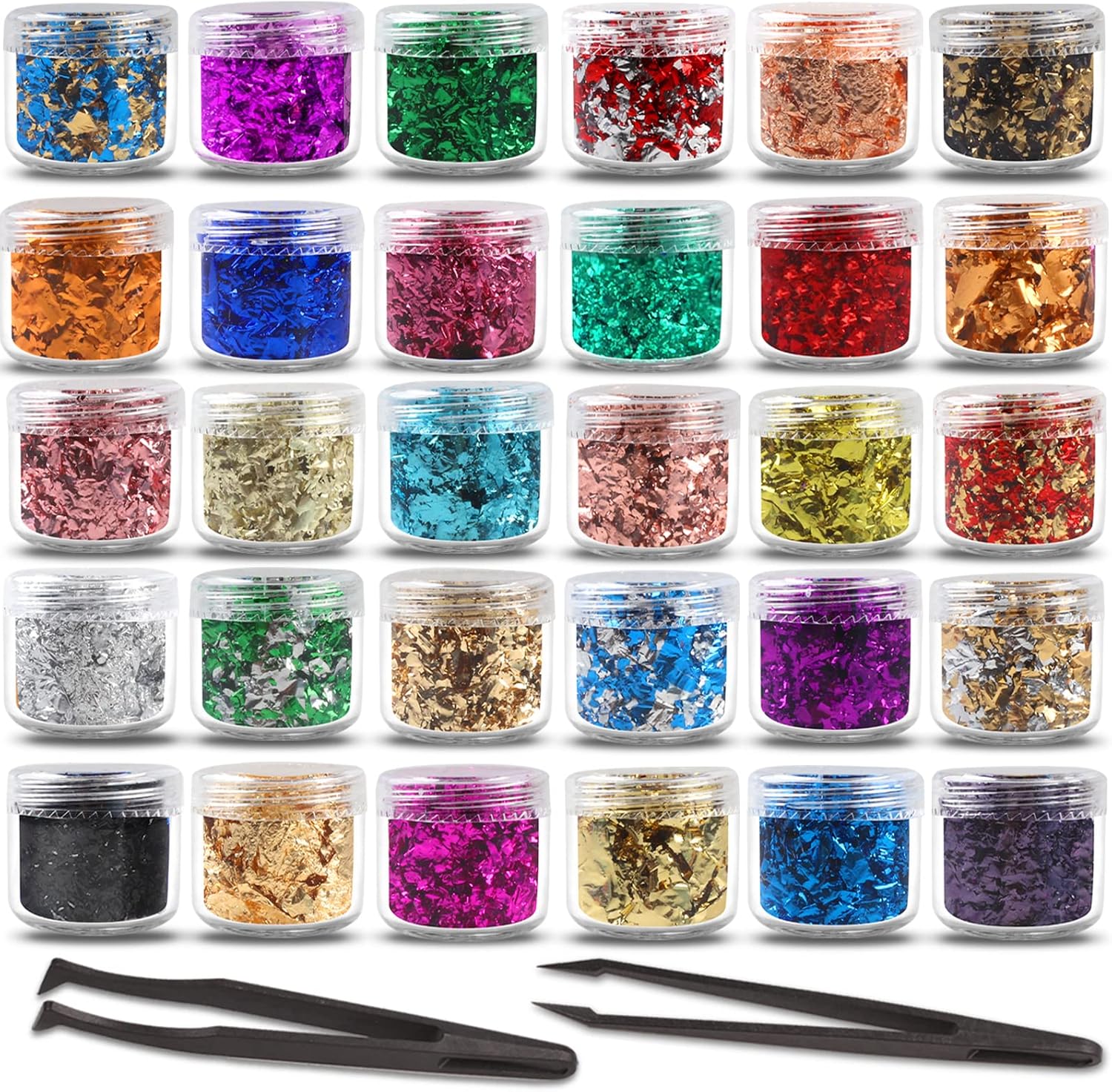 Gold Flakes for Resin, 30 Colors Metallic Foil Flakes, Colored Gilding Flakes Craft Foil with Tweezers for Resin, Nail Art, Jewelry Making, Candle Molds & Painting
